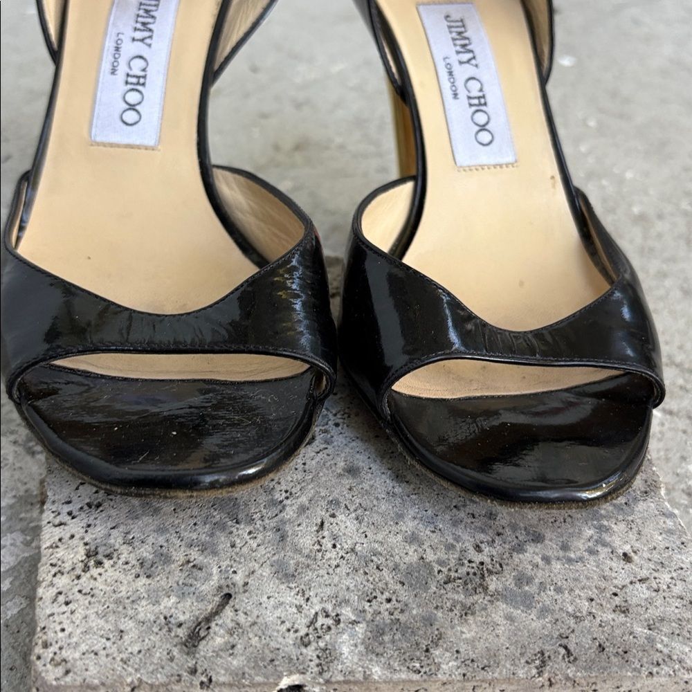 Jimmy Choo Black Patent Leather Slingback Heels with Gold Metallic Heel - Picture 3 of 9